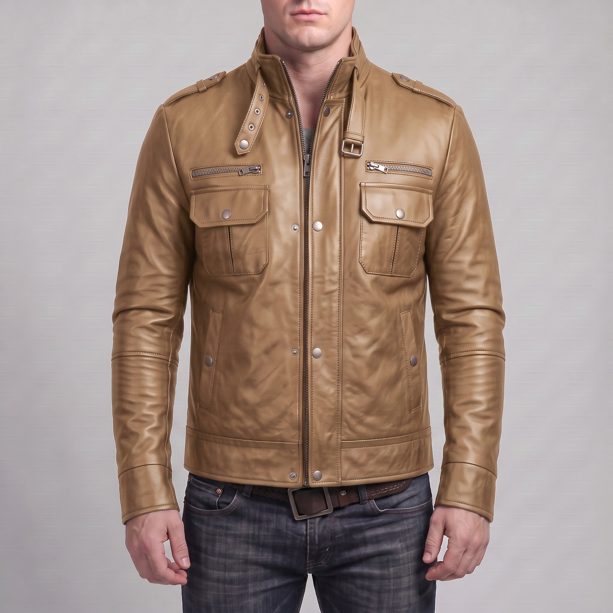 Men's Tan Leather Biker Jacket — Benedict