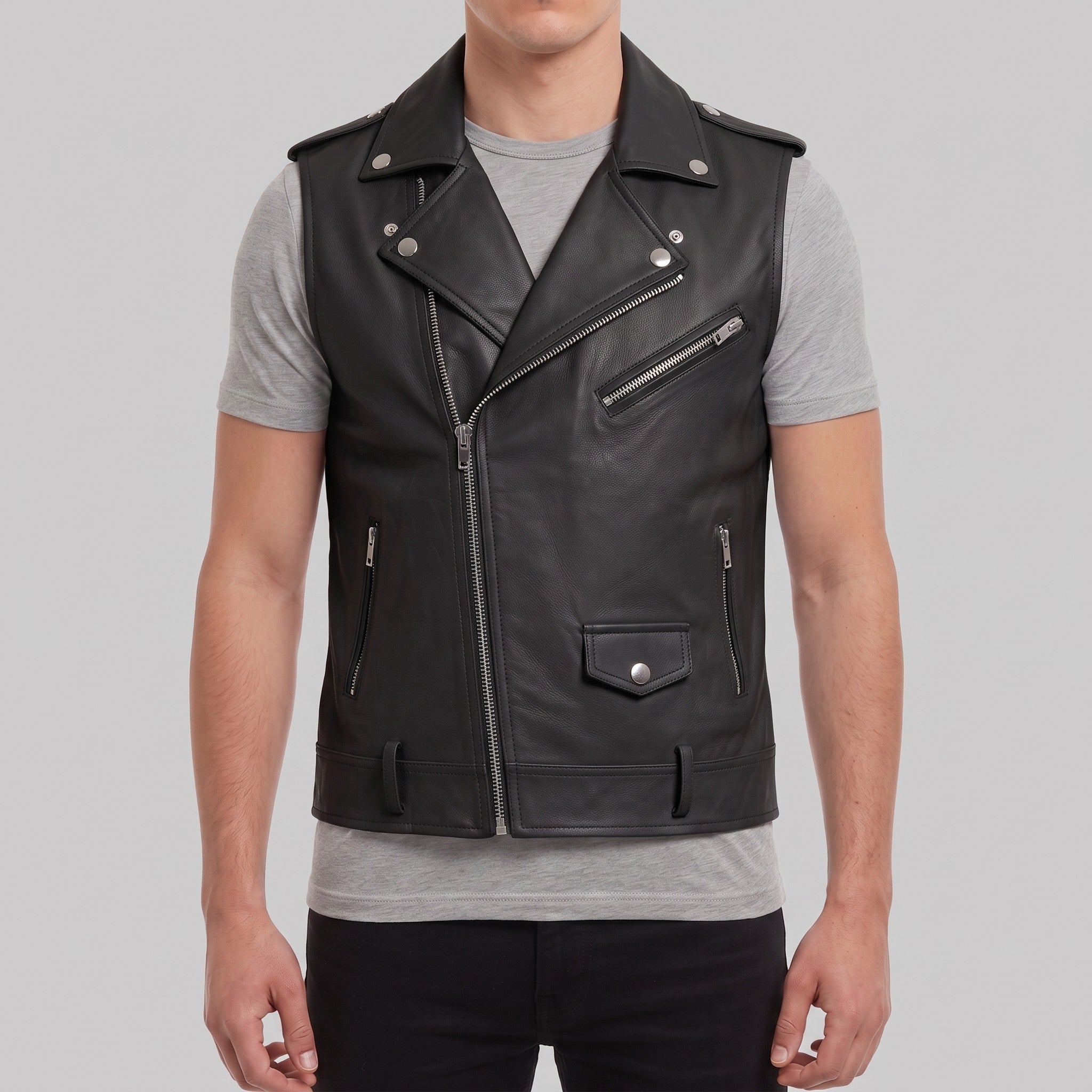 Men's Black Leather Biker Vest — Ensworth
