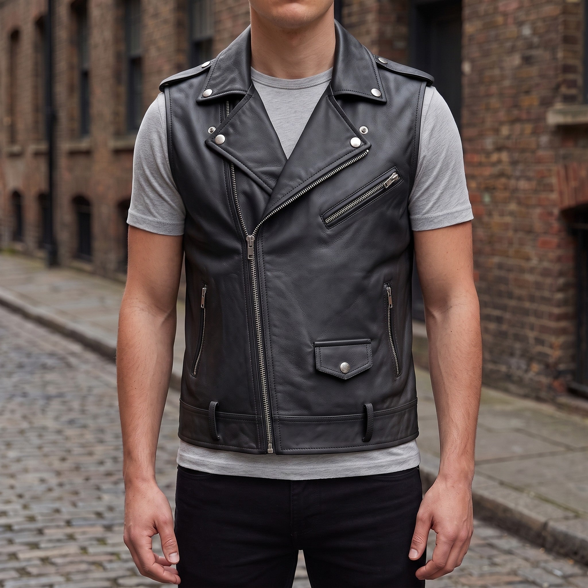Men's Black Leather Biker Vest — Ensworth
