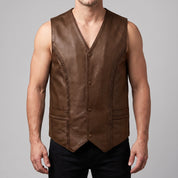 Men's Brown Leather Biker Vest — Culworth