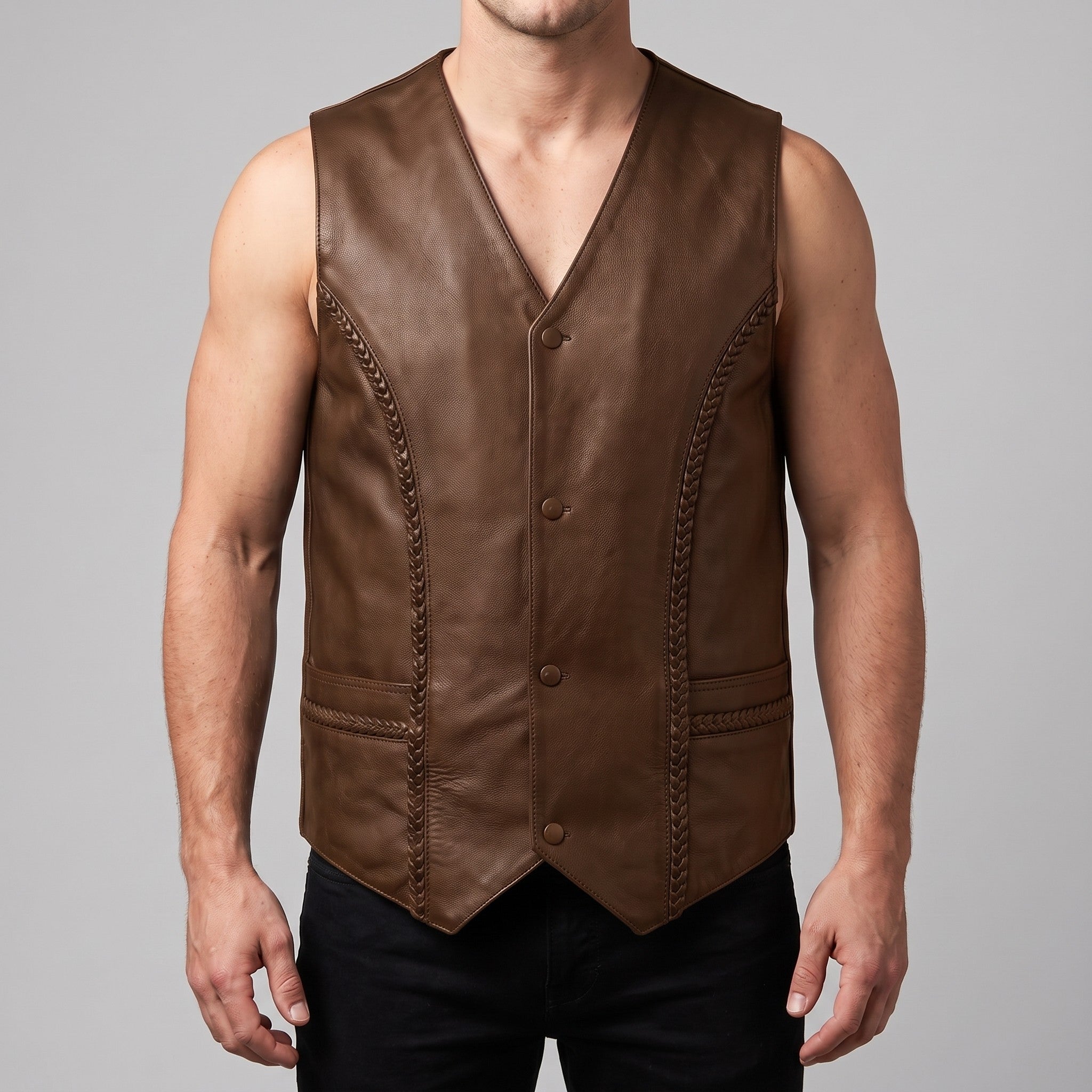 Men's Brown Leather Biker Vest — Culworth