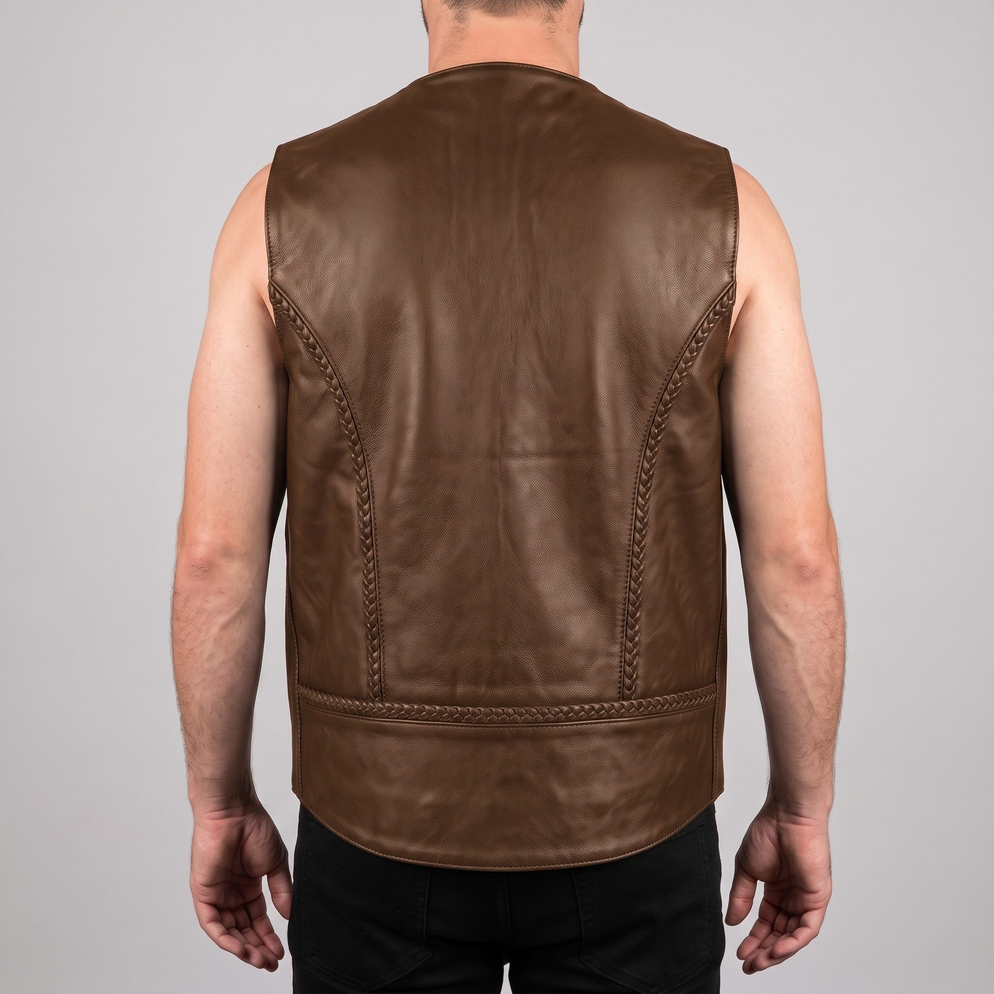 Men's Brown Leather Biker Vest — Culworth