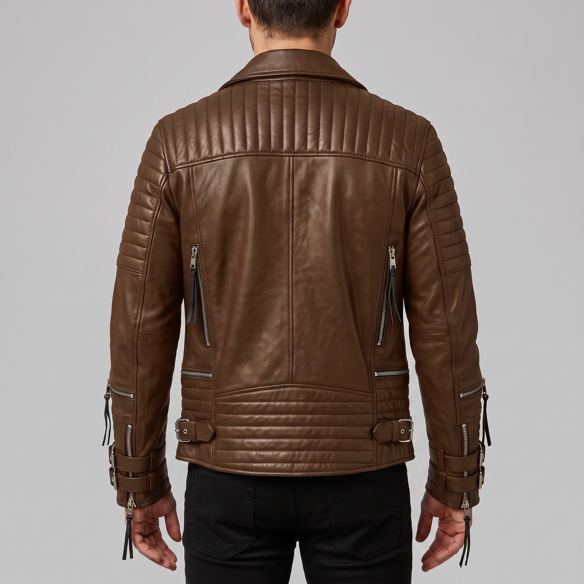 Men's Brown Quilted Leather Biker Jacket — Abbett