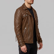Men's Brown Quilted Leather Biker Jacket — Abbett