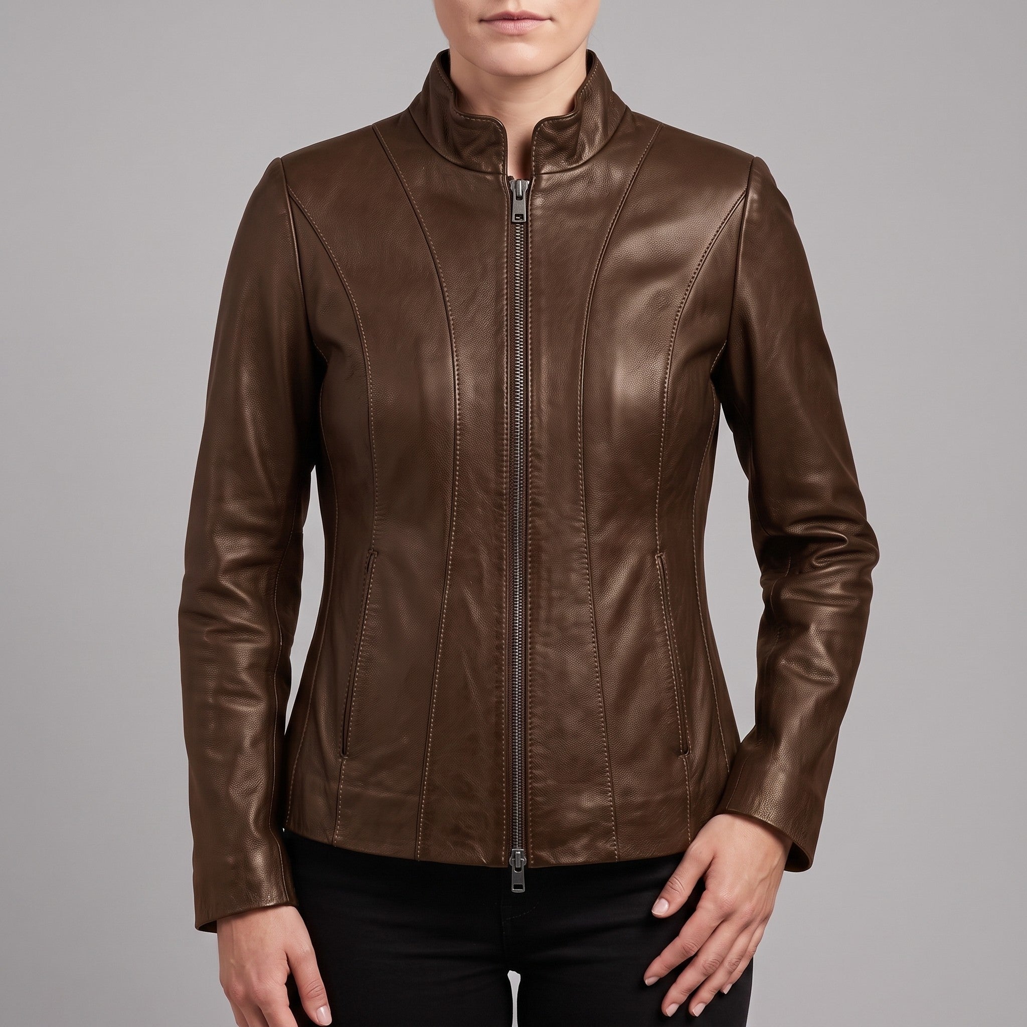 Women's Brown Leather Biker Jacket — Ackridge
