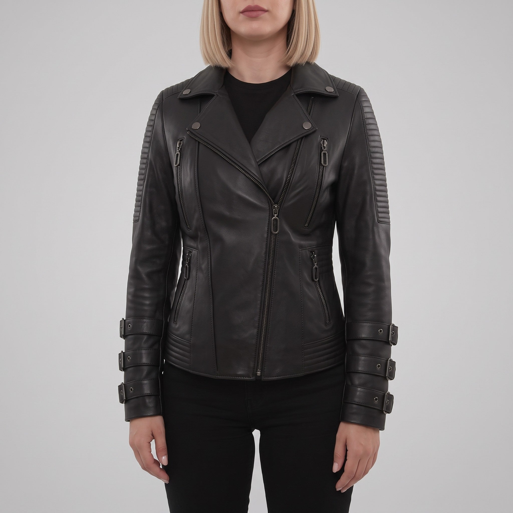 Women's Black Leather Biker Jacket — Askwith