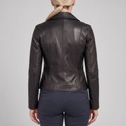 Women's Black Asymmetric Zip Leather Biker Jacket — Mortimer