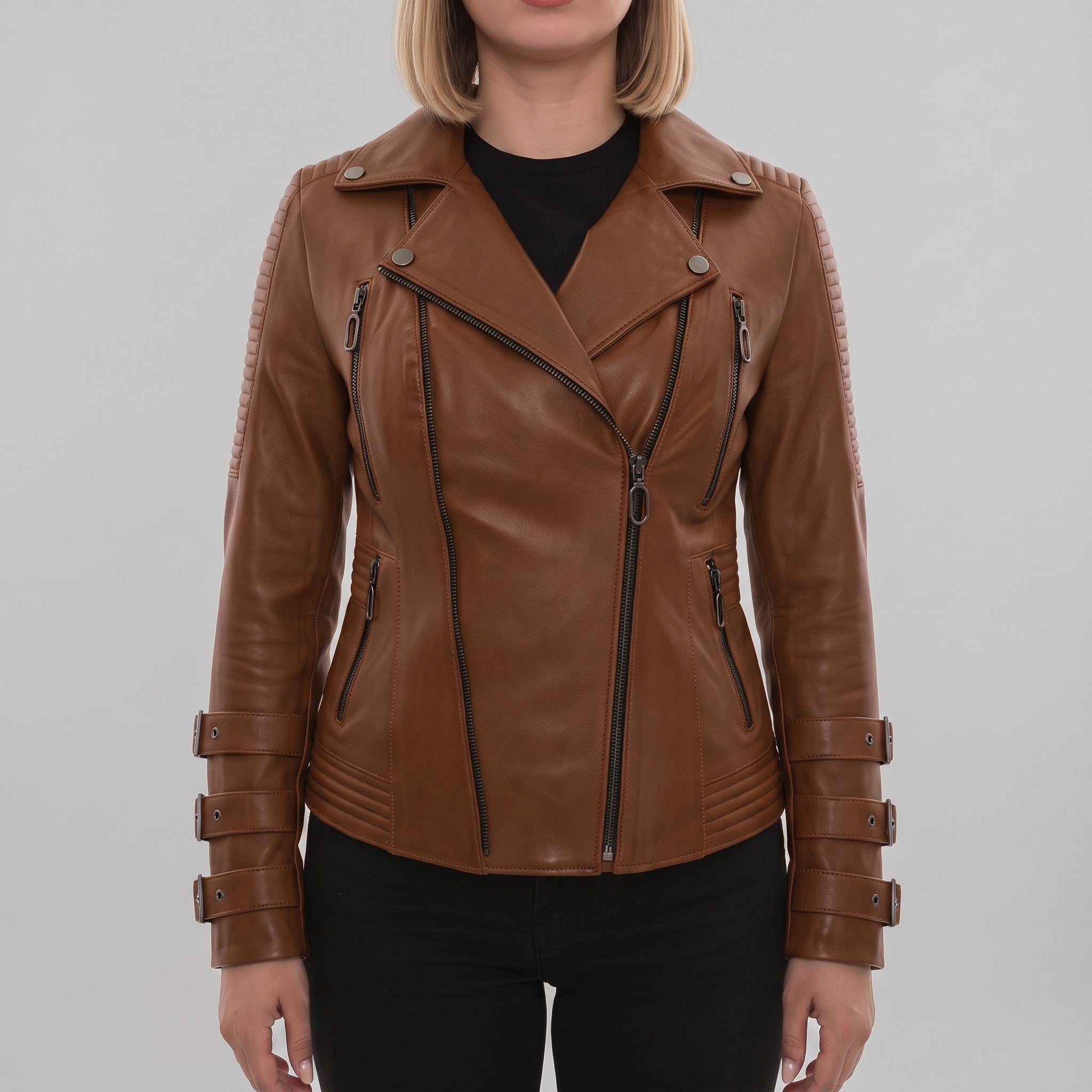 Women's Brown Leather Biker Jacket — Askwith