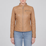 Women's Tan Leather Biker Jacket — Cary