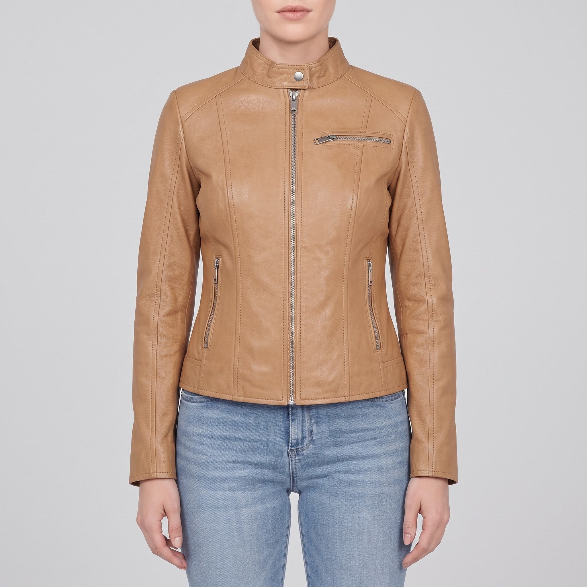 Women's Tan Leather Biker Jacket — Cary