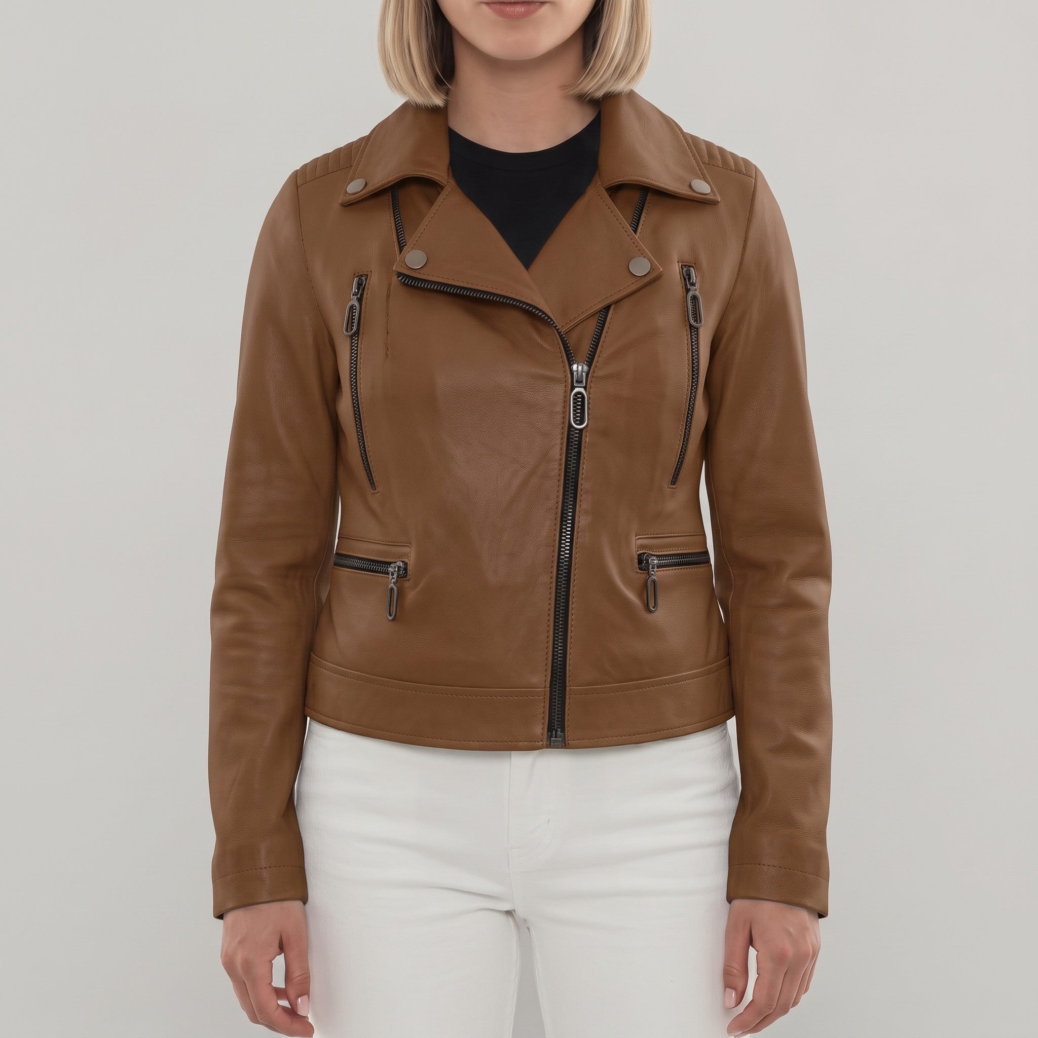 Women's Brown Quilted Leather Biker Jacket — Colgrave