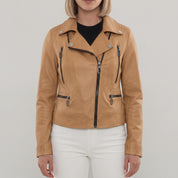 Women's Tan Quilted Leather Biker Jacket — Colgrave