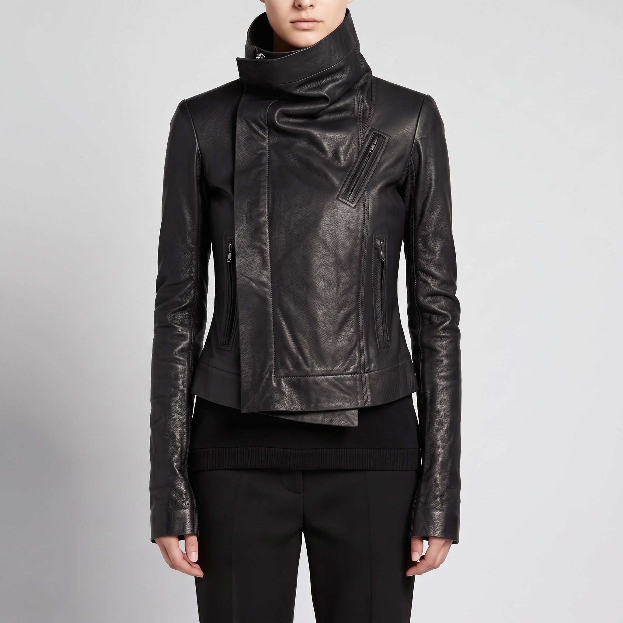 Women's Black Asymmetric Zip Leather Biker Jacket — Harrogate