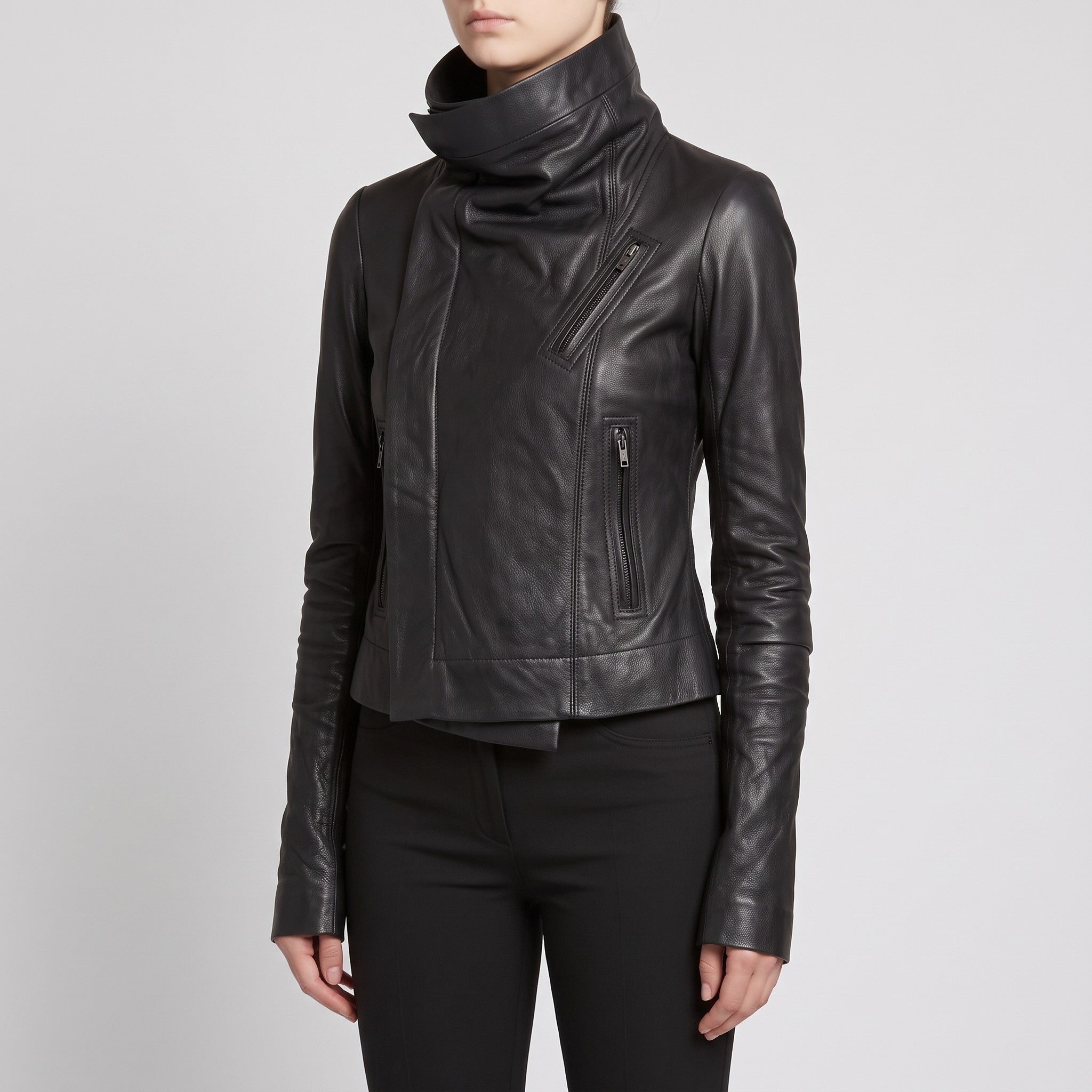 Women's Black Asymmetric Zip Leather Biker Jacket — Harrogate