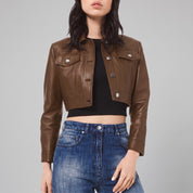Women's Brown Cropped Leather Trucker Jacket — Glinton