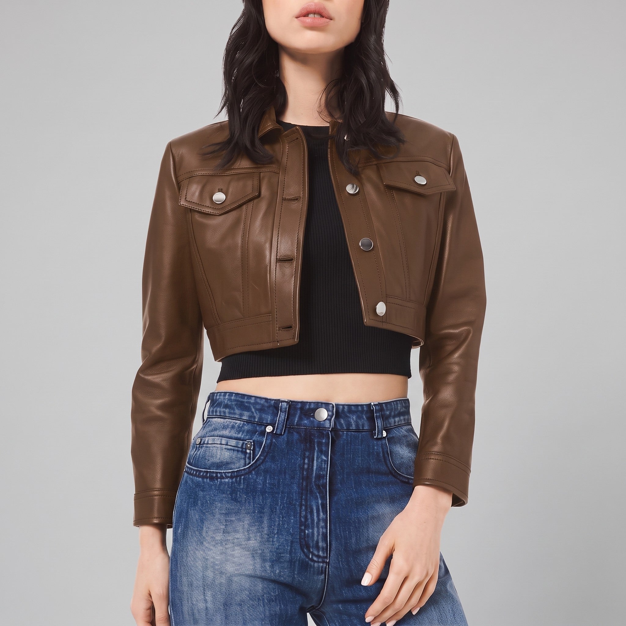 Women's Brown Cropped Leather Trucker Jacket — Glinton