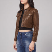 Women's Brown Cropped Leather Trucker Jacket — Glinton