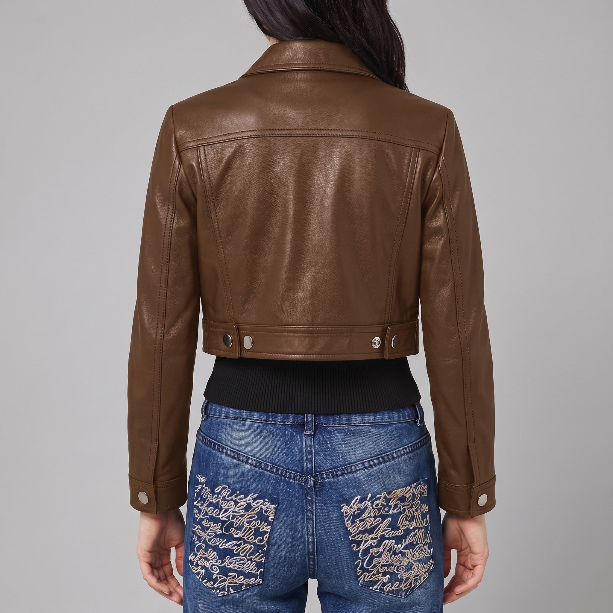 Women's Brown Cropped Leather Trucker Jacket — Glinton