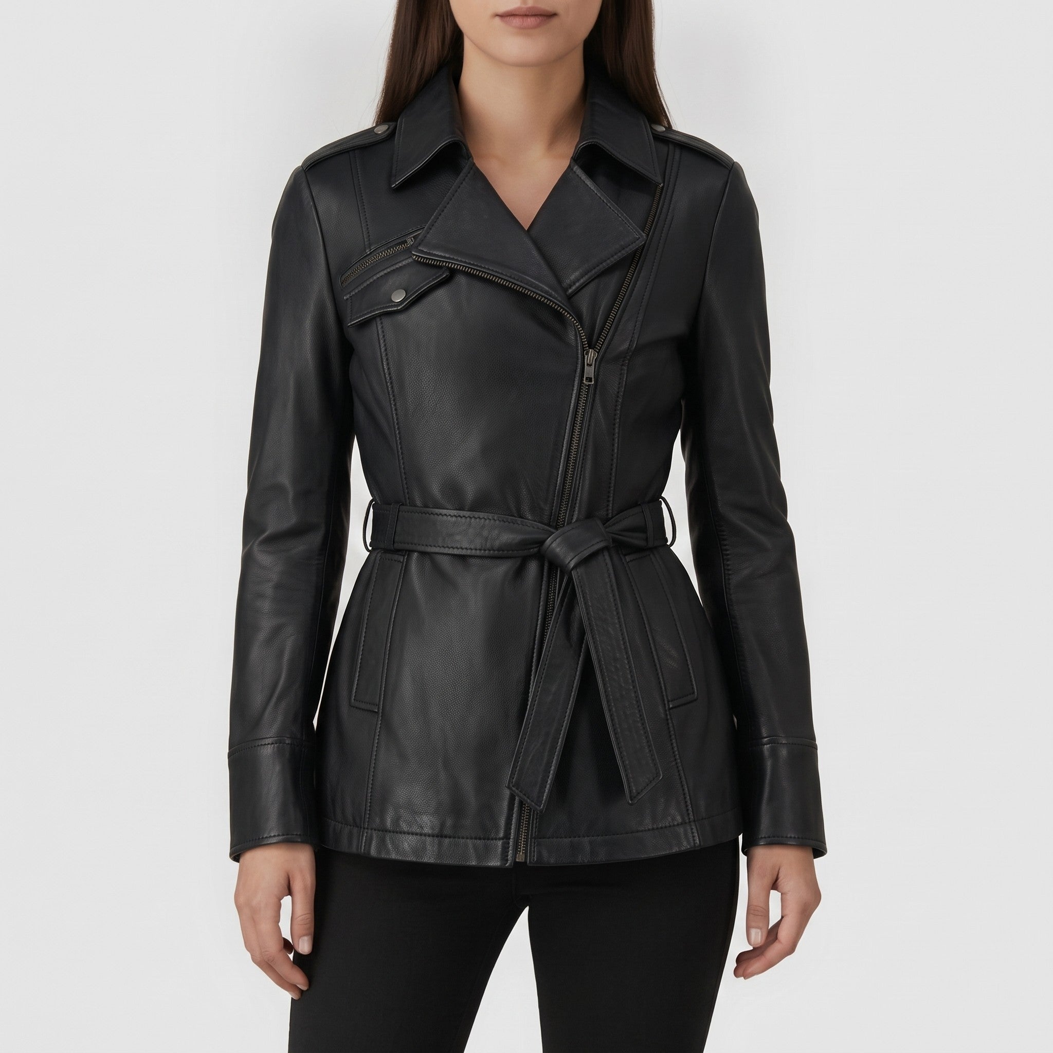 Women's Black Belted Asymmetric Zipper Leather Biker Jacket — Edson