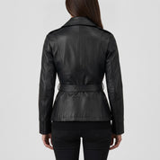 Women's Black Belted Asymmetric Zipper Leather Biker Jacket — Edson