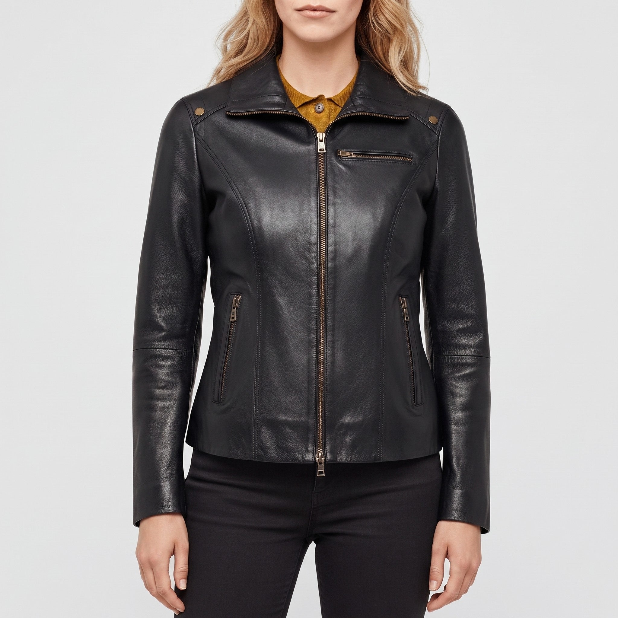 Women's Black Leather Biker Jacket — Drayford