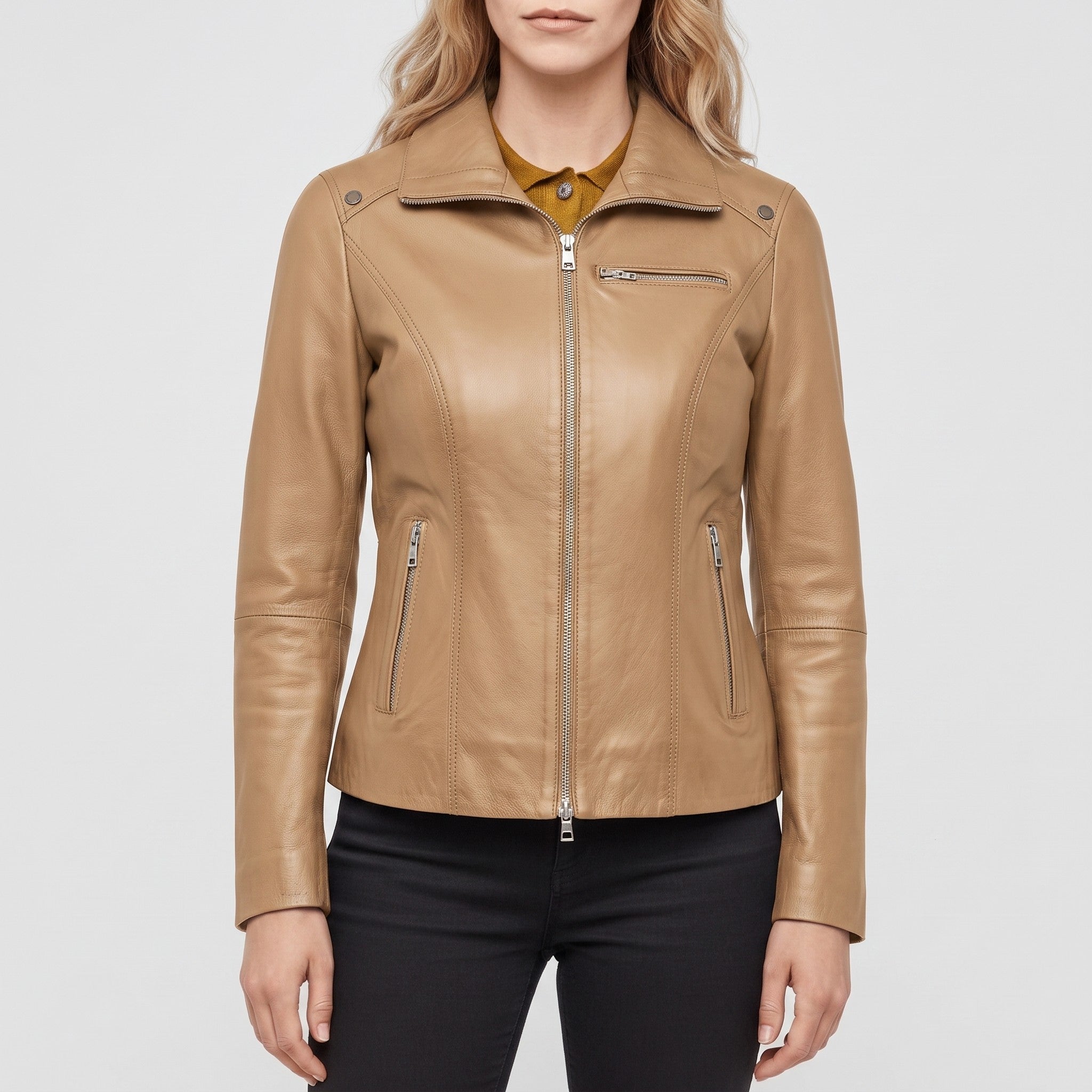 Women's Tan Leather Biker Jacket — Drayford
