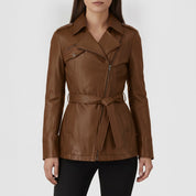 Women's Brown Belted Asymmetric Zipper Leather Biker Jacket — Edson
