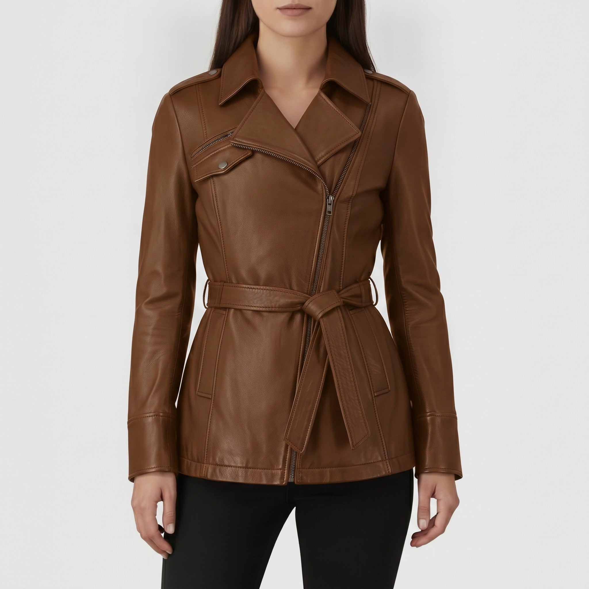Women's Brown Belted Asymmetric Zipper Leather Biker Jacket — Edson