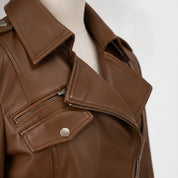 Women's Brown Belted Asymmetric Zipper Leather Biker Jacket — Edson