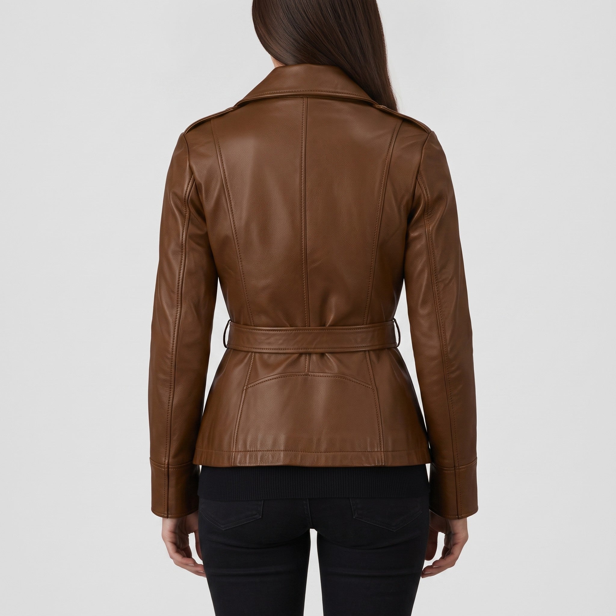 Women's Brown Belted Asymmetric Zipper Leather Biker Jacket — Edson