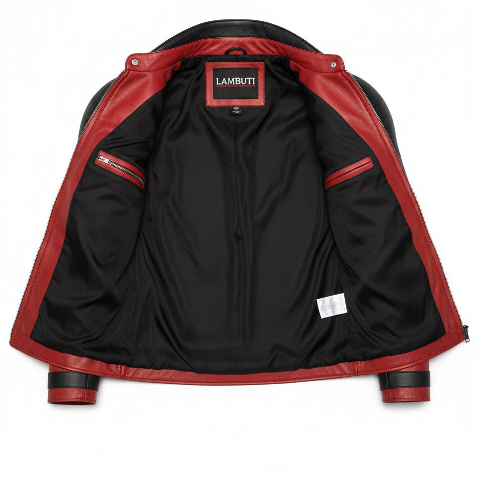 Men's Black and Red Leather Biker Jacket — Glatton