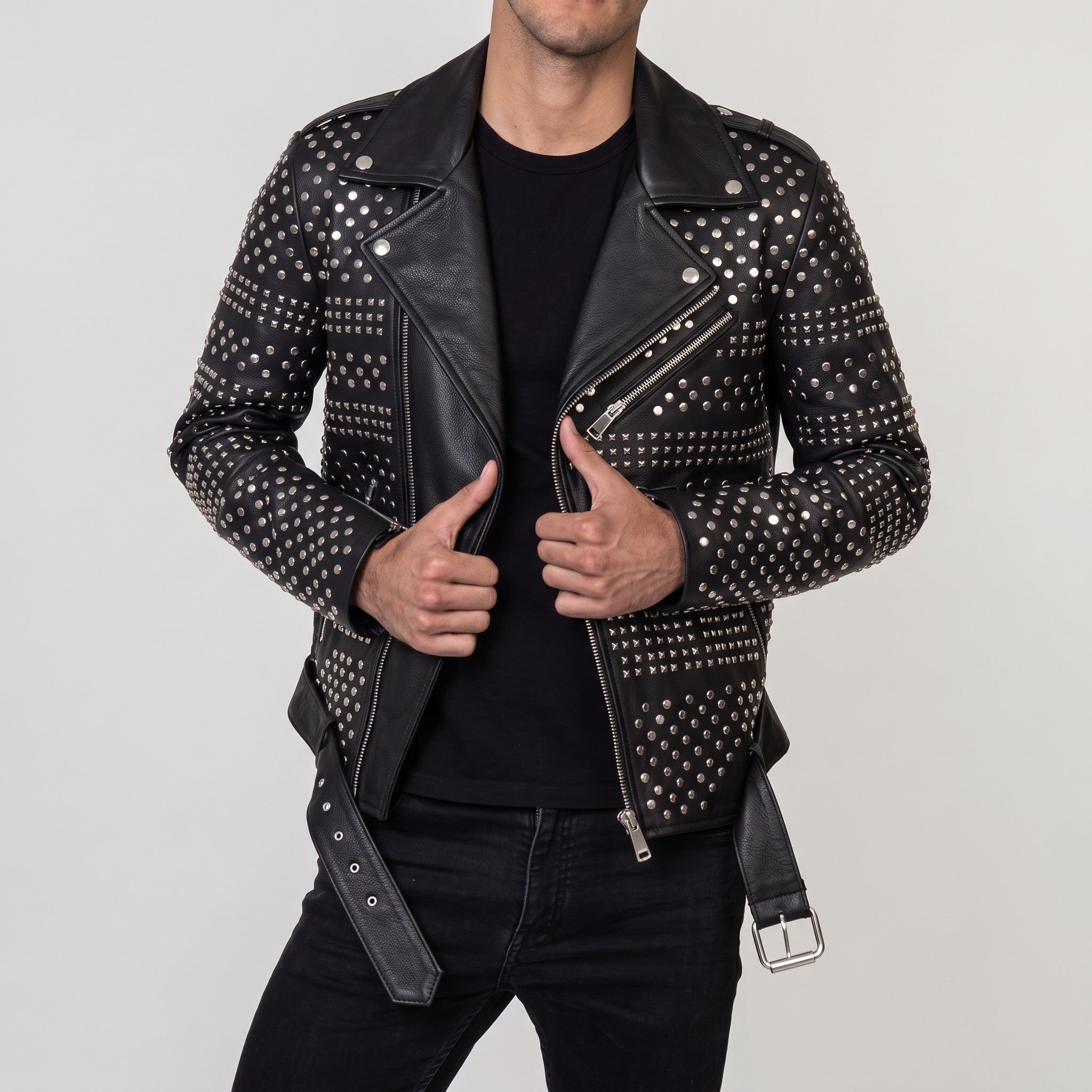 Men's Black Studded Leather Biker Jacket — Abberidge