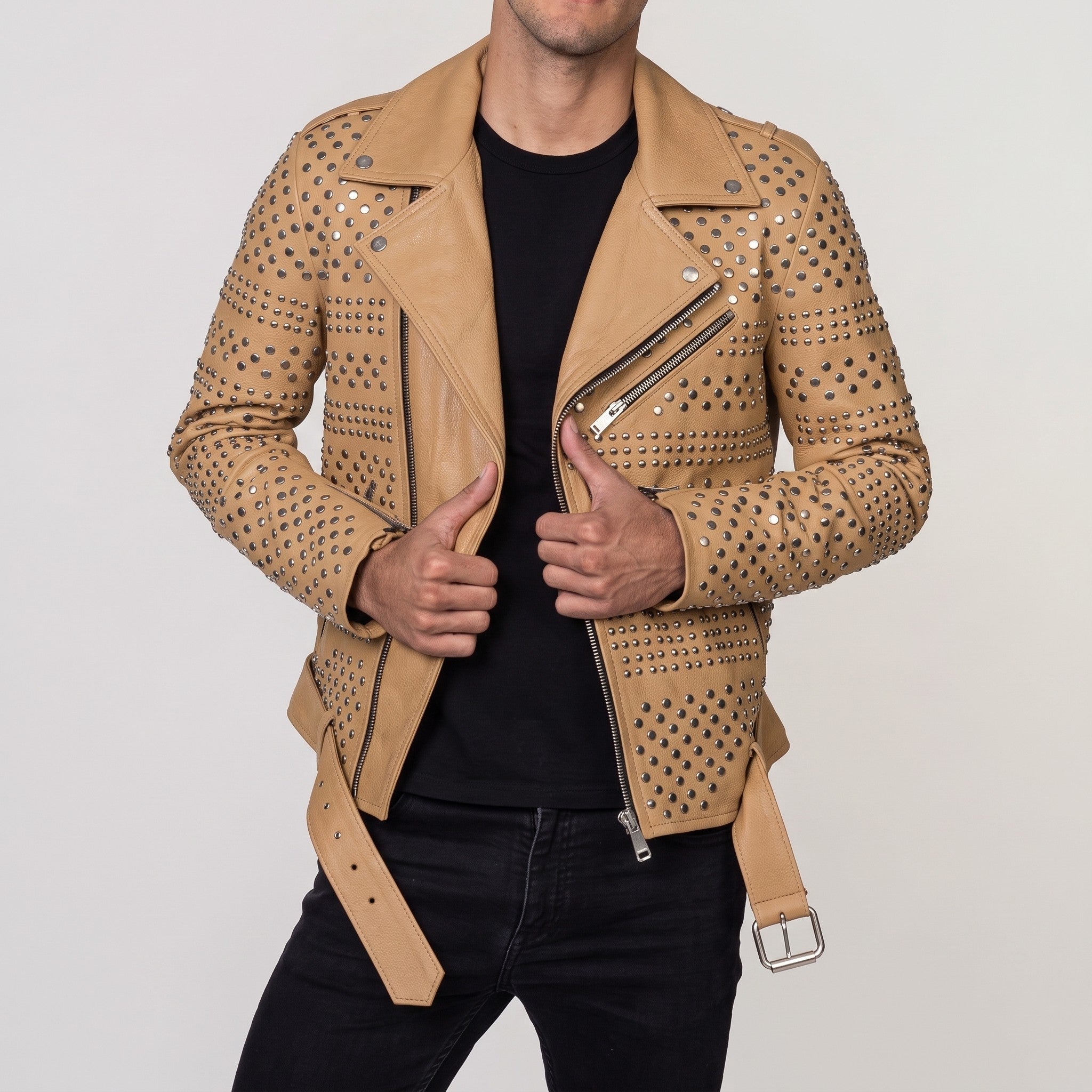 Men's Tan Studded Leather Biker Jacket — Abberidge