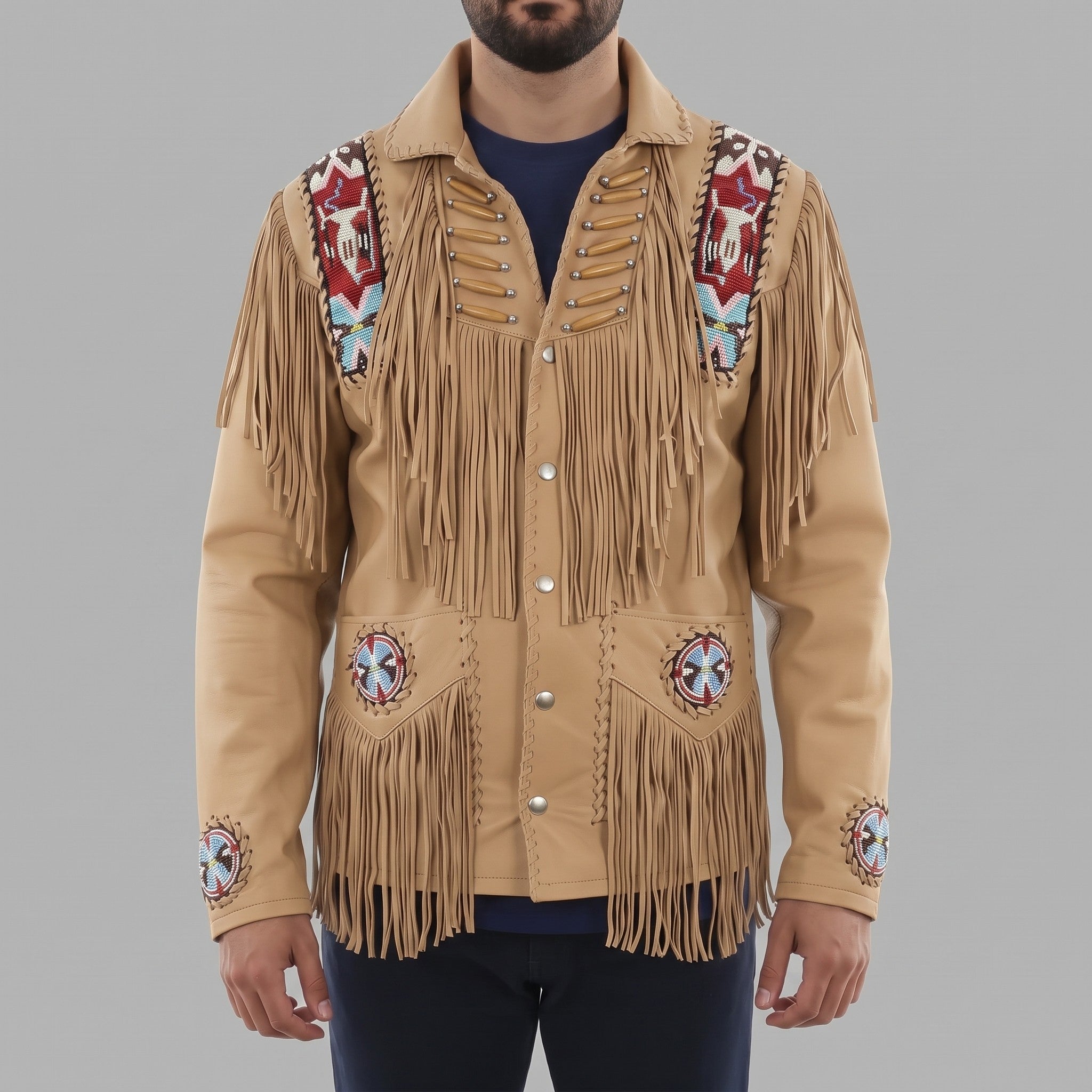 Men's Tan Fringed Leather Western Jacket — Hanford