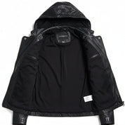 Women's Black Hooded Leather Biker Jacket — Greenwell
