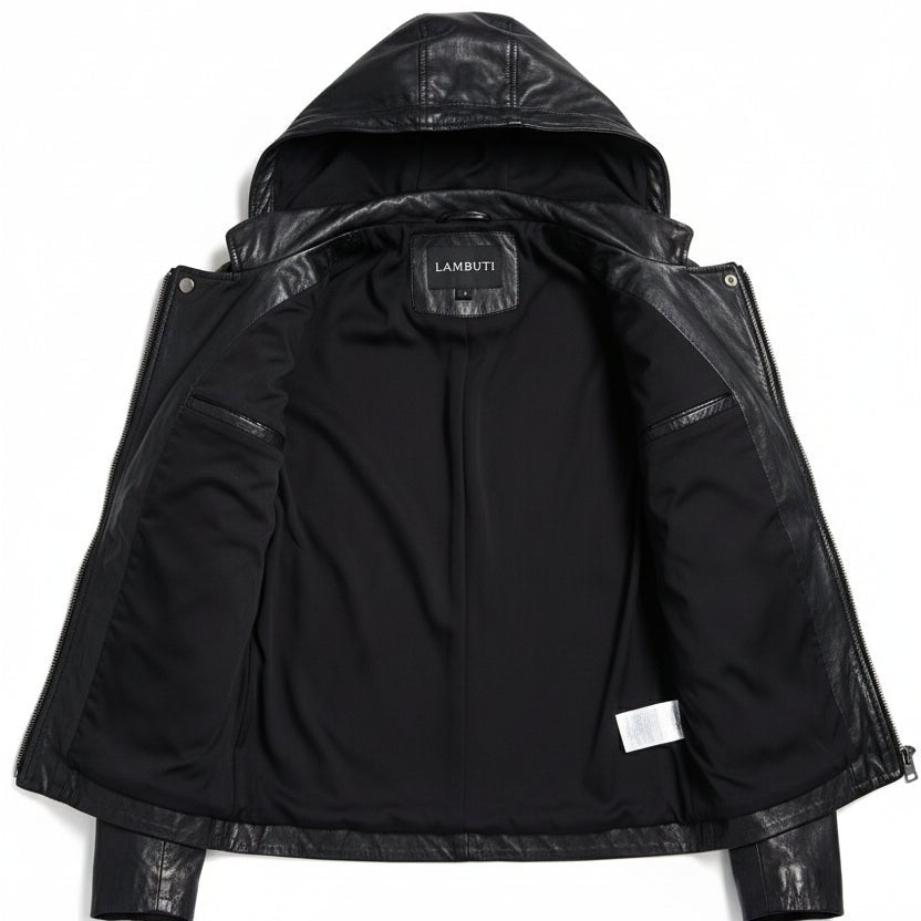 Women's Black Hooded Leather Biker Jacket — Greenwell