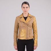 Women's Tan and Gold Studded Leather Biker Jacket — Farington