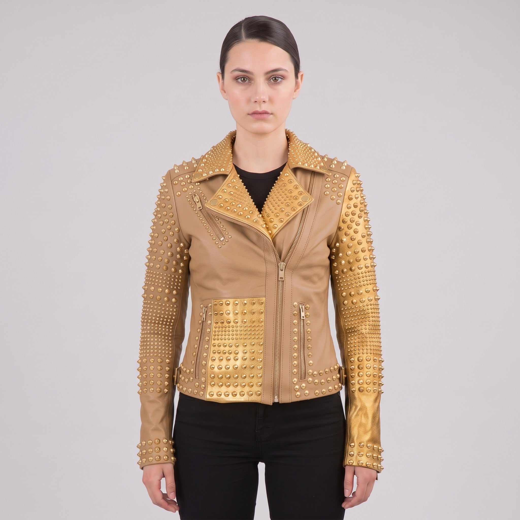 Women's Tan and Gold Studded Leather Biker Jacket — Farington