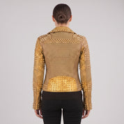 Women's Tan and Gold Studded Leather Biker Jacket — Farington