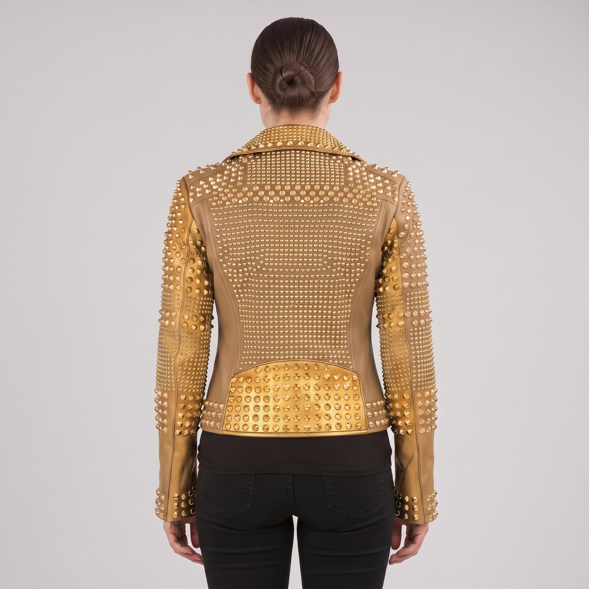 Women's Tan and Gold Studded Leather Biker Jacket — Farington