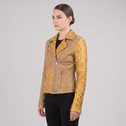 Women's Tan and Gold Studded Leather Biker Jacket — Farington