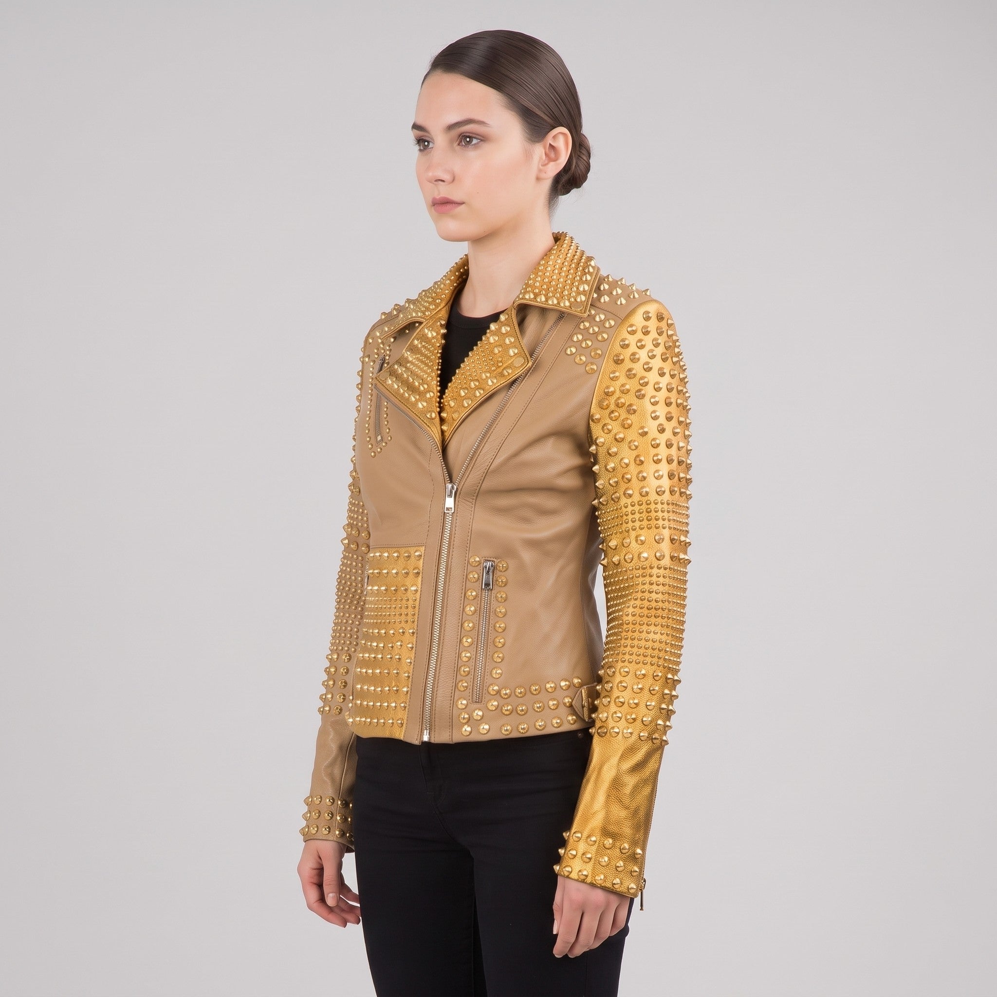 Women's Tan and Gold Studded Leather Biker Jacket — Farington