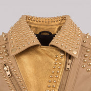 Women's Tan and Gold Studded Leather Biker Jacket — Farington
