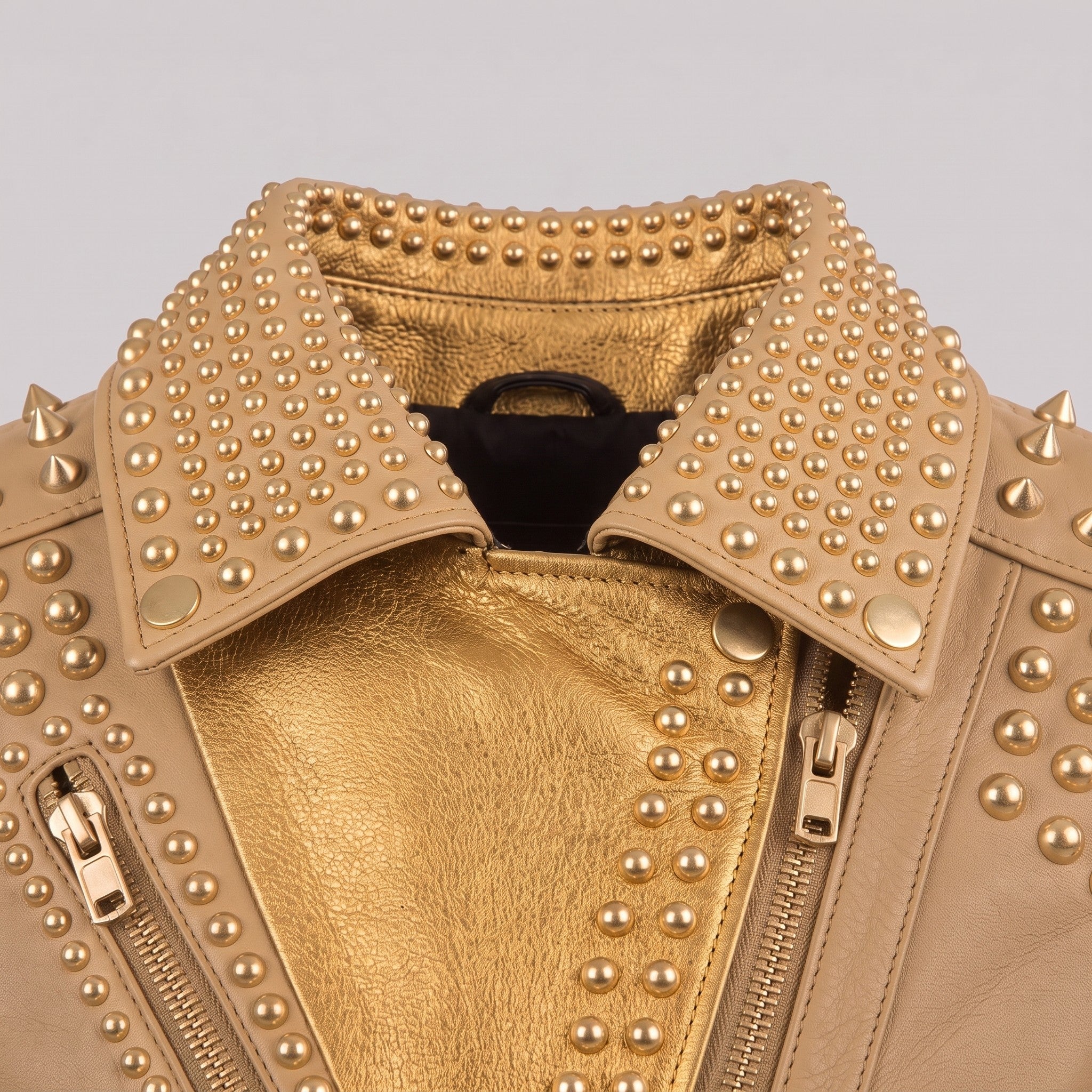 Women's Tan and Gold Studded Leather Biker Jacket — Farington