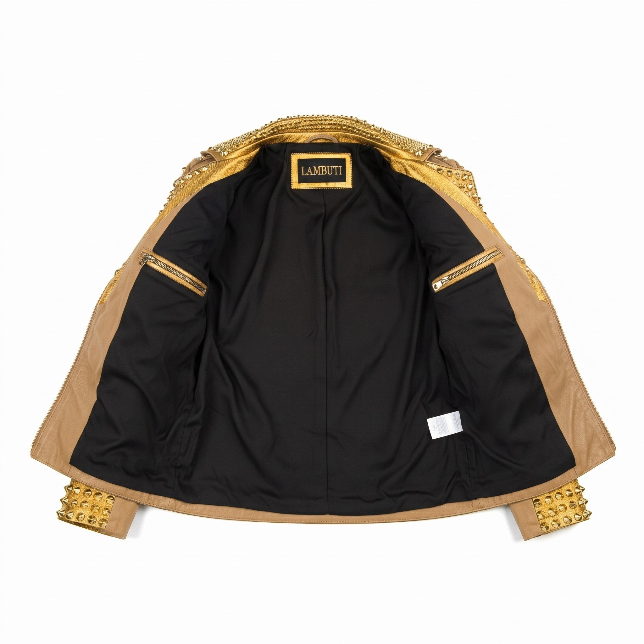Women's Tan and Gold Studded Leather Biker Jacket — Farington