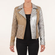 Women's Brown and Silver Two-Tone Studded Leather Biker Jacket — Letham