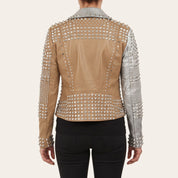 Women's Brown and Silver Two-Tone Studded Leather Biker Jacket — Letham
