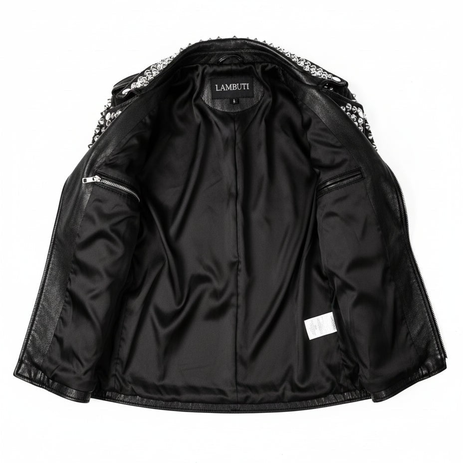 Women's Black Silver Studded Leather Biker Jacket — Thomson