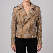 Women's Tan Studded Leather Biker Jacket — Thomson