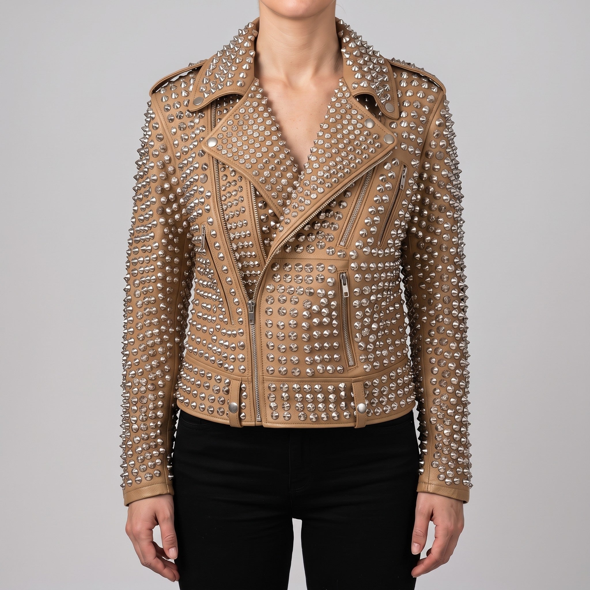 Women's Tan Studded Leather Biker Jacket — Thomson